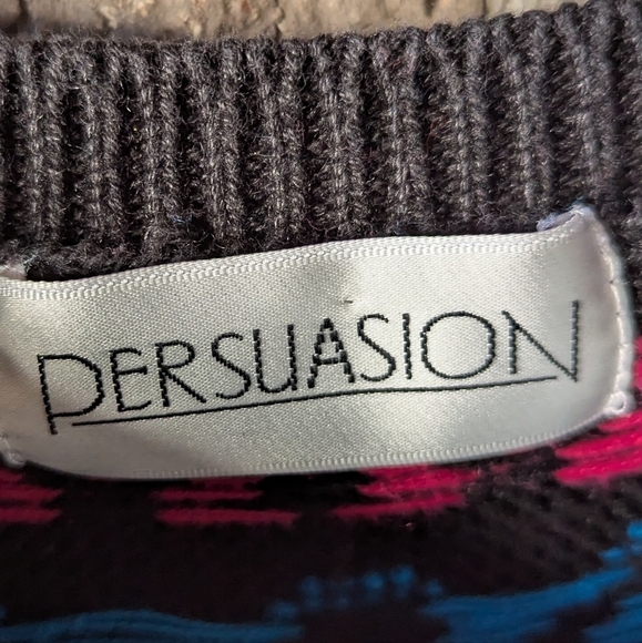 VTG 80s Persuasion Mixed Pattern Crew Neck Tunic Sweater Small Oversized Black - Picture 4 of 6